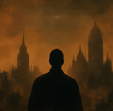 Silhouette of a lone man standing before a burning orange skyline filled with gothic, jagged skyscrapers. The air is thick wi