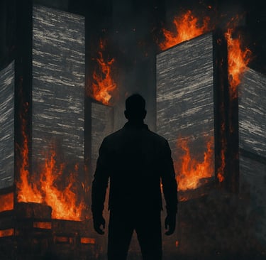 Silhouette of a man standing before towering stacks of burning books, engulfed in flames and smoke. The image evokes themes o