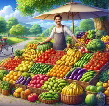 a man standing in front of a display of fruits and vegetables