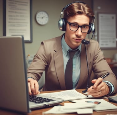 a man in a suit and tie is sitting at a desk with a laptop and