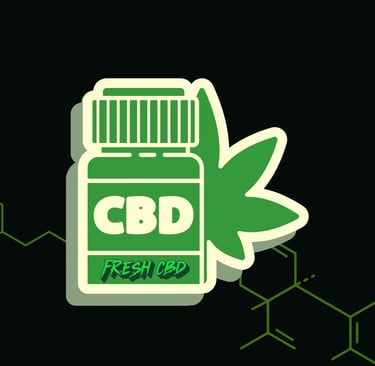 Bote de aceite CBD con hoja y moléculas sobre fondo negro