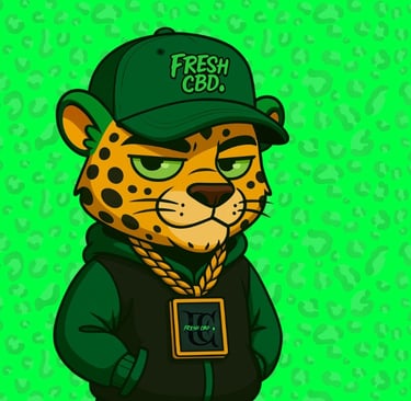 Leopardo mascota Fresh CBD con fondo verde con textura