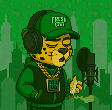 opardo Fresh CBD con auriculares y gorra cantando con micrófono en fondo verde