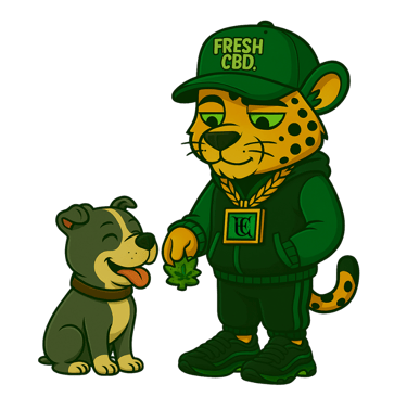 Leopardo Fresh CBD sentado en sofá fumando frente al televisor