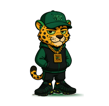 Mascota leopardo Fresh CBD de pie con gorra y sudadera negra