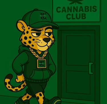 Leopardo Fresh CBD caminando frente a puerta de club cannábico