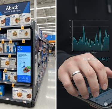 A split-screen photo: on the left, a Walmart aisle endcap featuring Abbott Lingo; on the right, a cl
