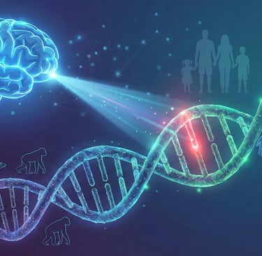 Conceptual illustration showing an AI brain model analyzing a DNA strand, using evolutionary data (r