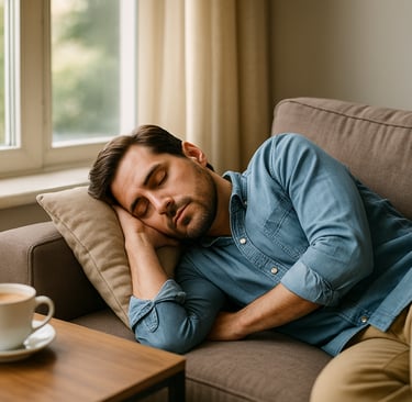 man sleeping on couch with coffee mug