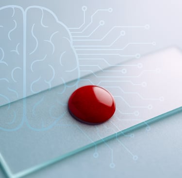 single blood drop on a lab slide, overlaid with a faint brain outline and circuit-like lines, captur