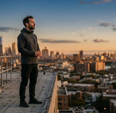 man standing on roof watchin the sunset