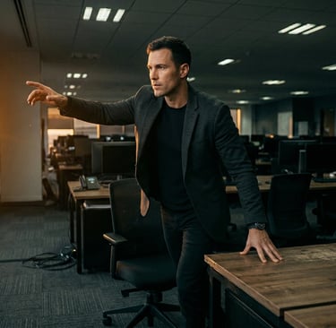 a man standing from desk pointing towards a window