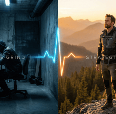 “Split image showing intense work vs. peaceful mountain recovery.