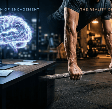 holographic human brain on left , man lifting weights on ride