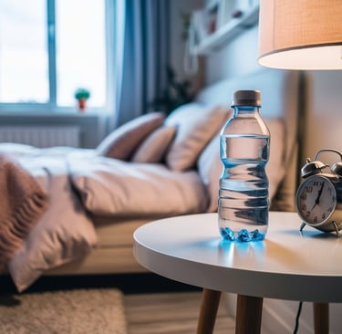 water bottle on nightstand next to bed for morning hydration