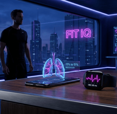 3D translucent blue hologram of human lungs, featuring a data tag that reads 13% to 51% RECOVERY.