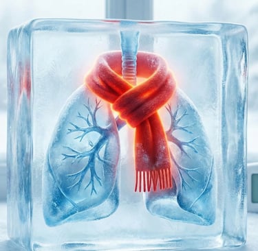 lungs made of ice with a red scarf wrapped around