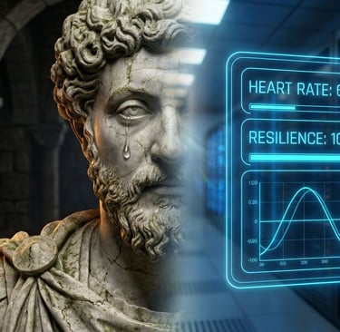 marble image of man on left with future tech on right