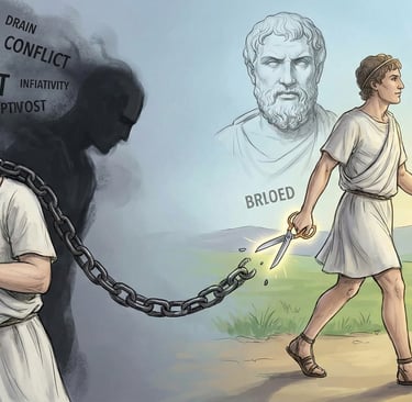 epictus as a slave tied in chains holding scissors 