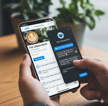 elp business profile page with an integrated AI chat interface, showing a customer interacting with