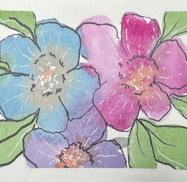 a painting of blue, pink, and purple flowers outlined with black and white on a white background