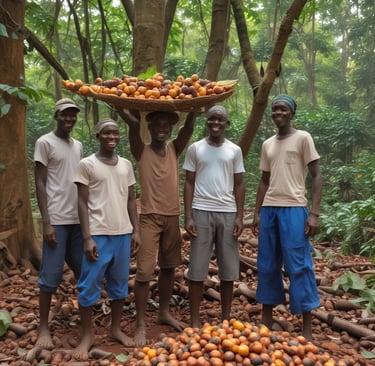 Three individuals wearing hats are engaged in agricultural activity, surrounded by dense green foliage. The workers are partially obscured by the lush vegetation, suggesting they are harvesting or working in a field.