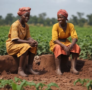 Two people are working in a field, using hoes to cultivate the soil. They are dressed in colorful, patterned garments, and the landscape around them features rows of plants and scattered trees under a clear blue sky. The scene suggests agricultural activity.