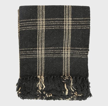 Plaid Black & Tan Fringed Woven Cotton Blend Throw