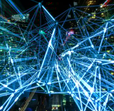 Rappresentazione astratta dell'intelligenza artificiale e delle connessioni digitali in una città fu