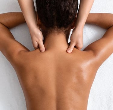a woman is shown with a man's hands on her back