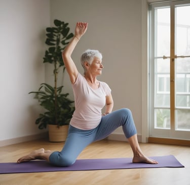 A woman is sitting in a yoga pose on a mat indoors. She is wearing a black sports bra and black leggings. The background includes various potted plants and a logo or sign that says 'Yoga'. The setting appears calm and focused on fitness or wellness.