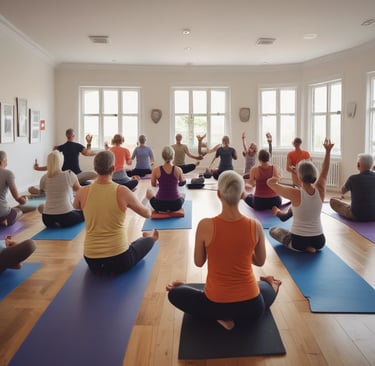 Several women are engaged in a yoga or workout session in a spacious room with large windows and a brick wall. They are wearing athletic clothing and are using yoga mats. The women appear focused and serene as they perform their exercises.
