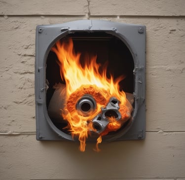 A close-up view of a fire extinguisher with a yellow inspection tag attached. The tag contains details about the service and inspection of the equipment. A pressure gauge is visible, indicating the operational status of the extinguisher. The background is a concrete wall with an electrical conduit running parallel to the extinguisher.