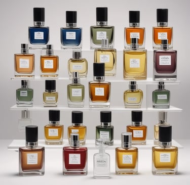 An elegantly arranged display of luxury fragrance items, featuring a large bottle of perfume with a black cap, a matching rectangular box, and a smaller box. The items are adorned with a golden chain draped artfully around them, set against a contrasting background with a patch of black fabric.
