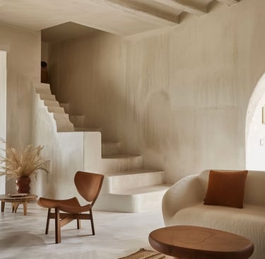 Modern minimalist living room with plaster walls, curved white sofa, and a sculptural wooden lounge chair.