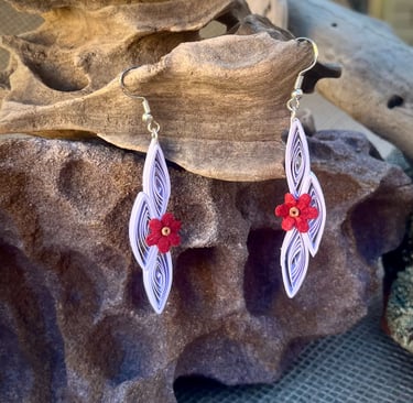 Handmade white quilled paper earrings with red paper flower embellishments hypoallergenic sterling s