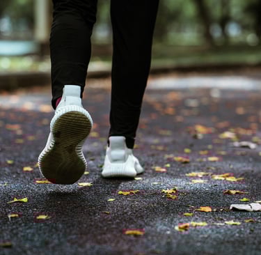 a person walking on a path with leaves