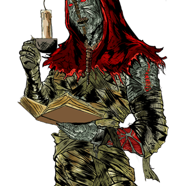 Monster host a man in a costume with a Horror book 