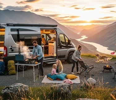 Family enjoying an outdoor adventure with a modern campervan in a scenic landscape at sunset