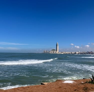 View of Hassan Mosque in Morocco from the harbor