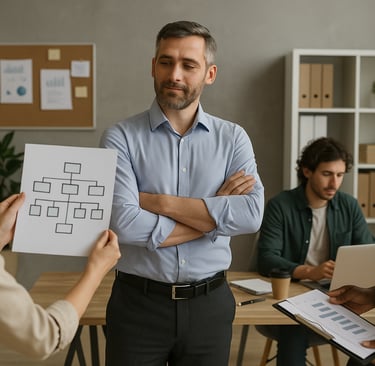 Líder empresarial con los brazos cruzados observa atentamente a su equipo, mientras una colaboradora le muestra un organigram