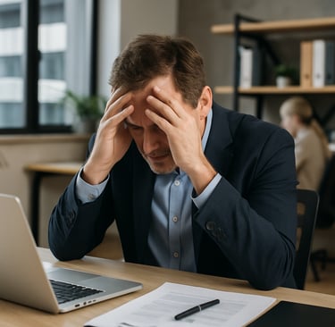 Hombre de mediana edad con traje azul oscuro, cabizbajo y con expresión de agotamiento mientras se sostiene la cabeza entre l