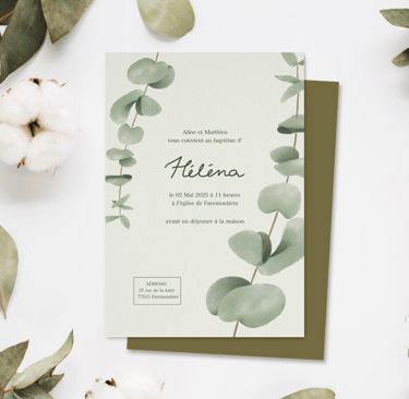 Faire part avec dessin de feuilles d’eucalyptus 