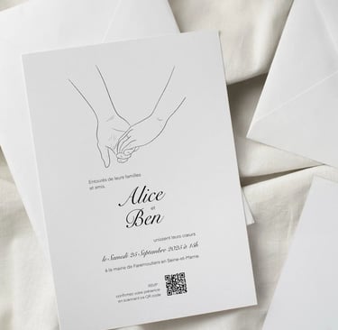 Faire part blanc avec dessin de mains entrelacées 