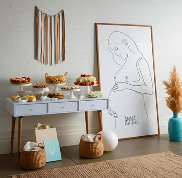 buffet sur une commode avec un grand tableau de femme enceinte