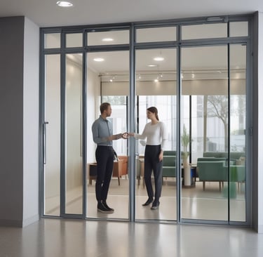 Modern architecture with glass and metal facades. The building features sleek lines and reflective surfaces, creating a contemporary urban aesthetic.