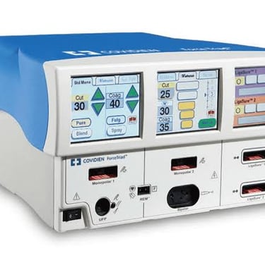 a medical device with a blue and white machine