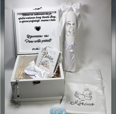 Personalizirani set za prvu pričest i krizmu s krunicom i Biblijom