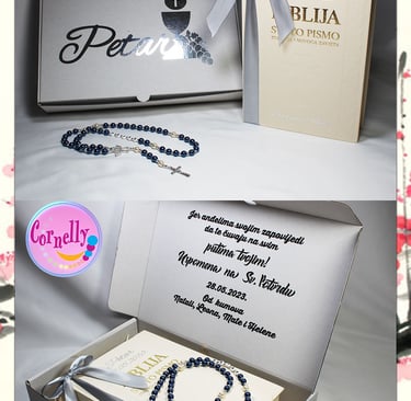 Personalizirani set za prvu pričest i krizmu s krunicom i Biblijom