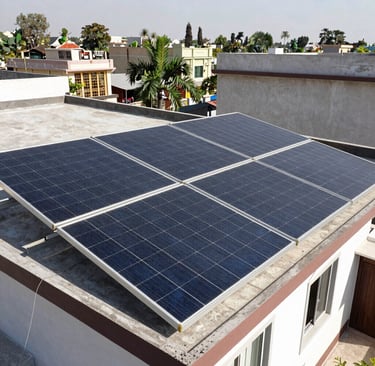Residential rooftop solar panel installation for renewable energy on a flat concrete roof.